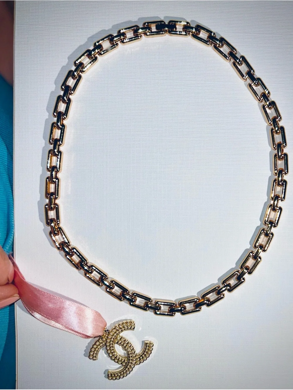 CHANEL Gold CC Pendant with Pink Ribbon New Elegant Chain